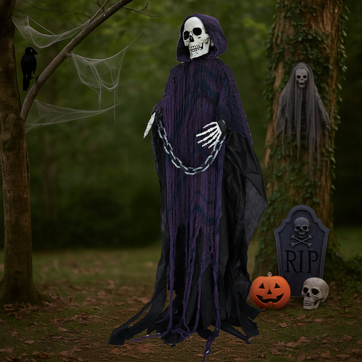 Halloween Decoration 6FT Animated Grim Reaper  – Sound-Activated with Glowing Red Eyes, Moving Head & Hands, Horror Voice & Scream, Battery-Powered for Indoor/Outdoor Yard, Haunted House. Does Not Contain Batteries.