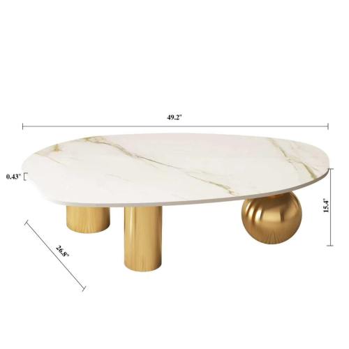 Coffee Table 49.2 Inch, Free Form Marble Look Table with Gold Ball Base and Pillar Legs, Modern Luxury Center Table