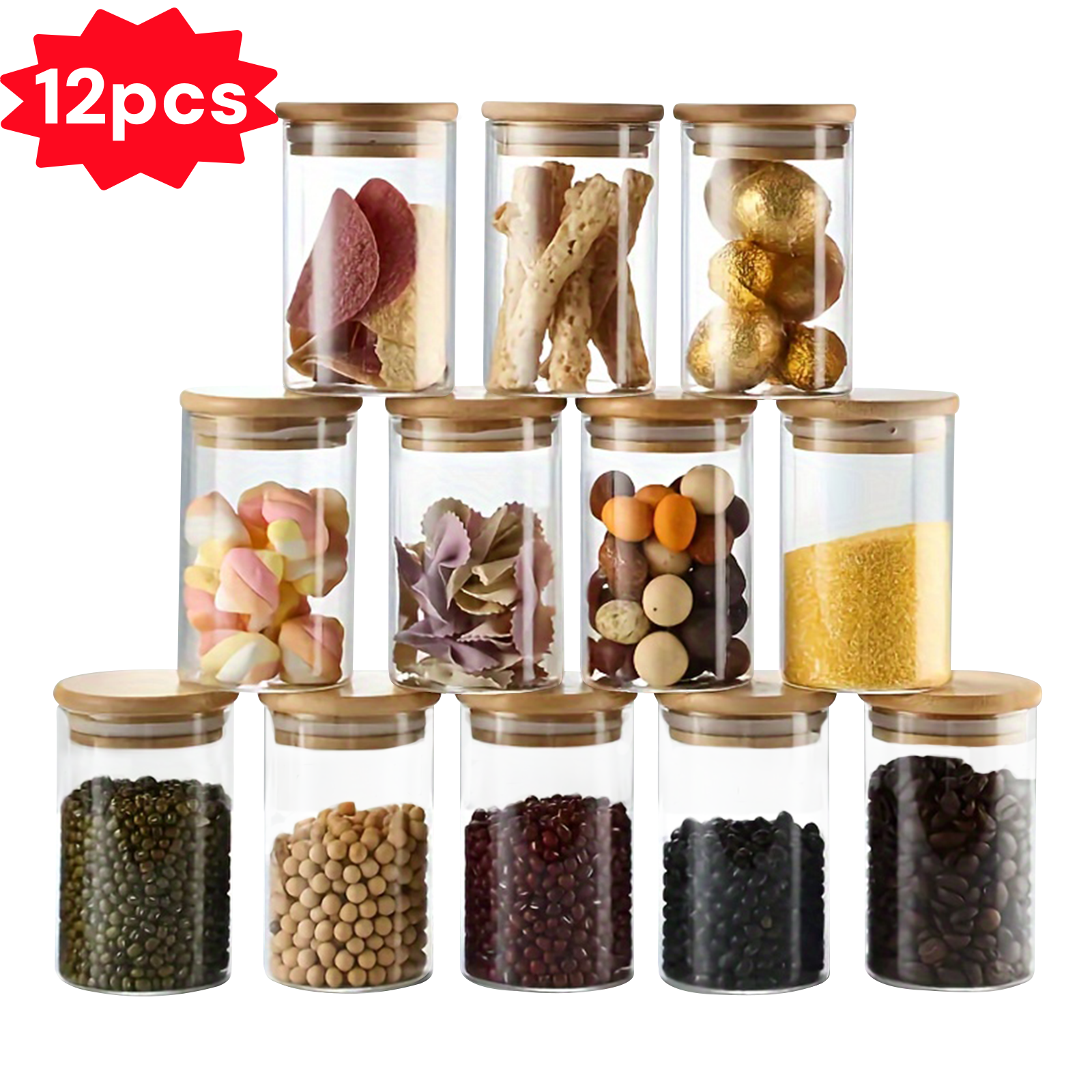 12 Pack Glass Jars Set, Food Storage Containers With Bamboo Lids, Meal Prep Containers For Home Kitchen, Organizer For Snack, Spice, Herb, Cereal