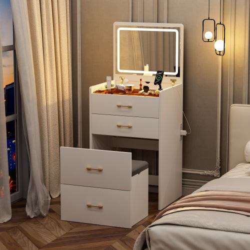 AEELLEEA 3-in-1 Makeup Vanity Desk with 3-Color Lighted Mirror, Drawers and Storage Stool, White