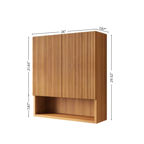 26" Natural Wood Fluted Wall Mounted Bathroom Cabinet, Storage with 2 Doors Open Shelf, Modern Wall Cabinet for Bathroom Kitchen Living Room