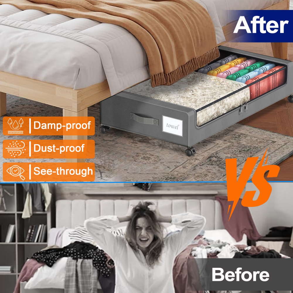 AEELLEEA 2 Pack Under Bed Storage Bins, 360° Lockable Wheels, Clear Lid 600D Oxford for Clothes Shoes Blankets