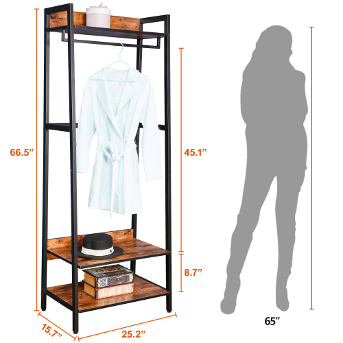 AEELLEEA Industrial Clothing Rack with 2 Storage Shelves, Hanging Rod, Adjustable Feet, Rustic Brown and Black, 66.5 in