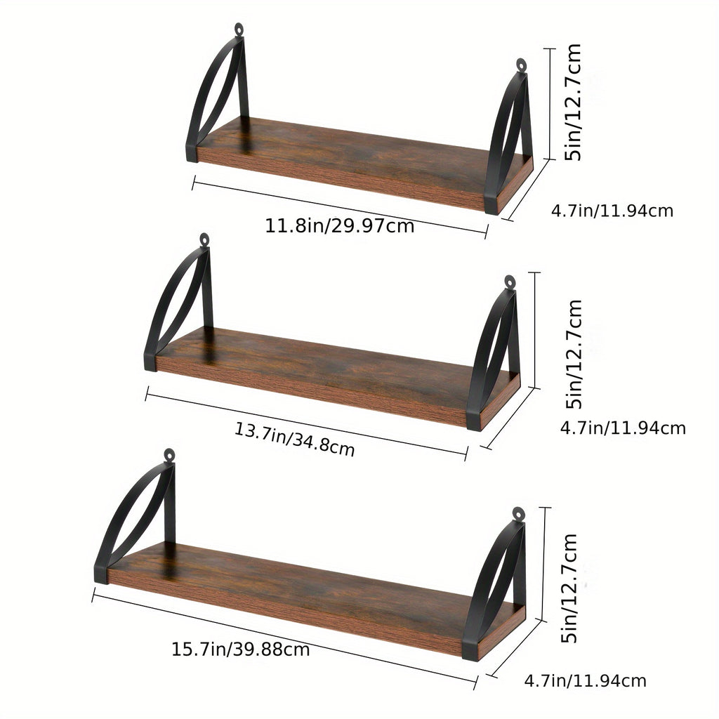 Rustic Wood Floating Shelves Set of 3 - Solid Wood Wall Mounted Storage & Decor for Living Room, Bedroom, Bathroom, Kitchen - Beautiful & Practical