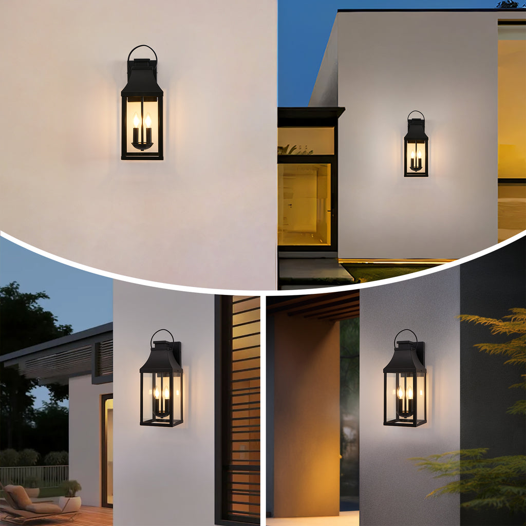 1 Pack Black Outdoor Wall Lantern, Vintage Metal Frame Clear Glass Wall Sconce, 2-Light Hardwired Exterior Wall Light
