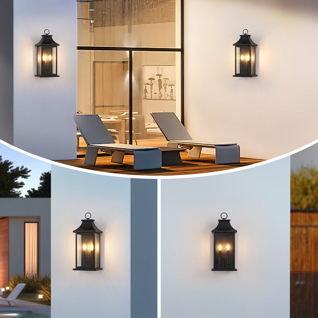 1 Pack Black Outdoor Wall Lantern, Vintage Metal Frame Clear Glass Wall Sconce, 2-Light Hardwired Exterior Wall Light Fixture