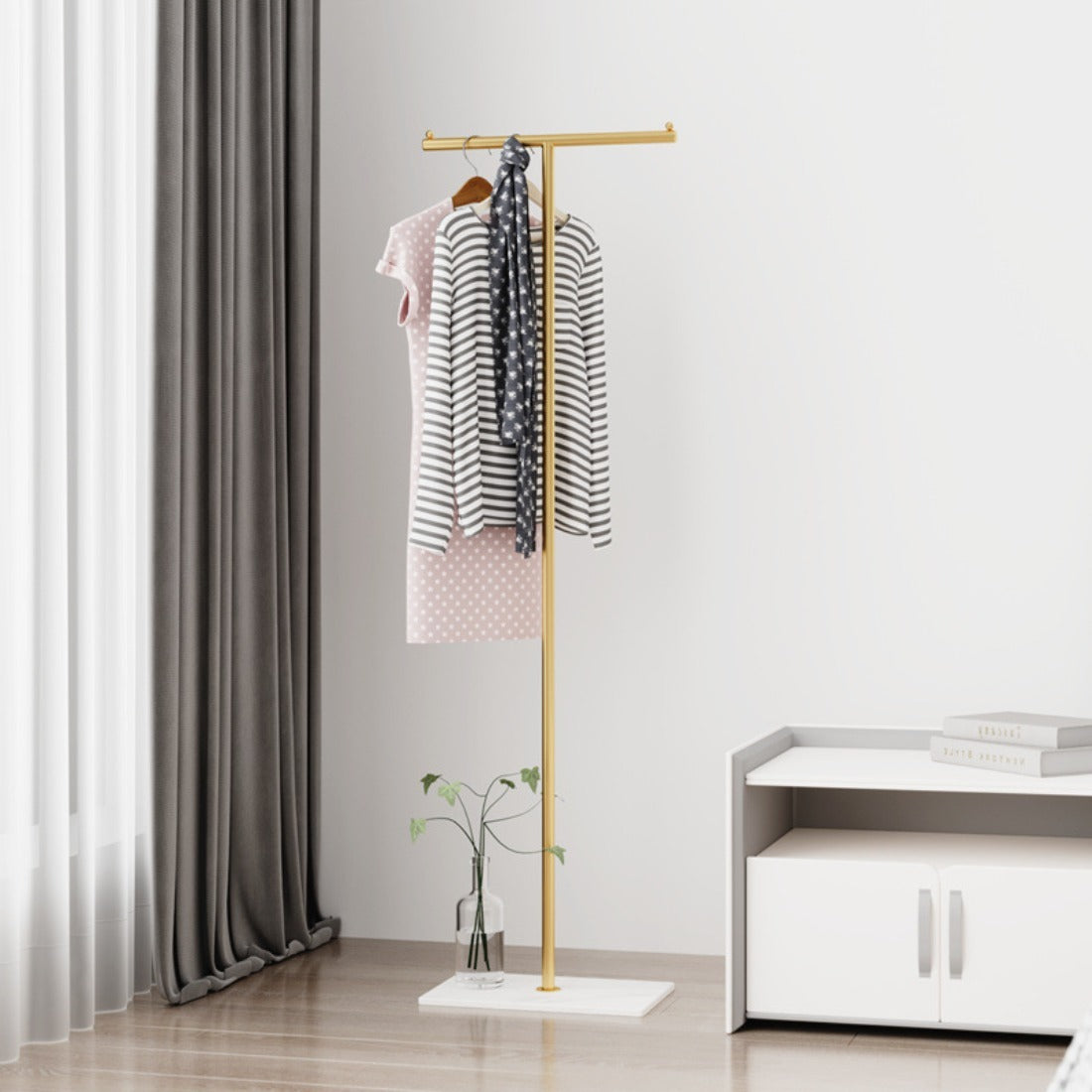 Gold Metal Freestanding Clothing Rack, Modern T-Shaped Garment Rack with White Marble Base for Bedroom Entryway
