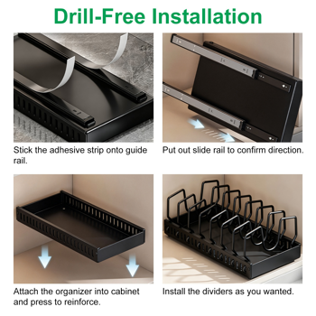 Pull Out Pot Pan Organizer for Cabinet, 8 Adjustable Dividers, Drill-Free Slide Cookware Rack for Pots Lids Dishes, Premium Carbon Steel