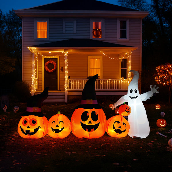 8FT Inflatable Halloween Yard Decor, Row of Hats Pumpkins & White Ghost with 5 LED Lights, Festive Outdoor Prop for Trick or Treat Season