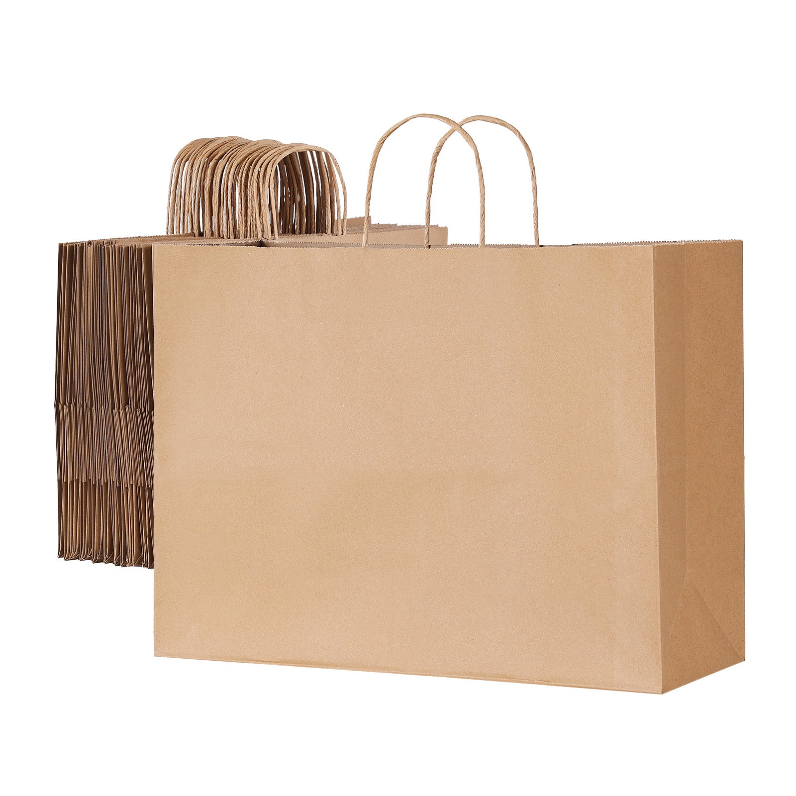 50 Pack 16x6x12 Inch Brown Kraft Paper Bags with Handles, Recyclable Plain Gift Shopping Totes, Disposable Retail Merchandise Bags for Party Boutique Grocery Packaging