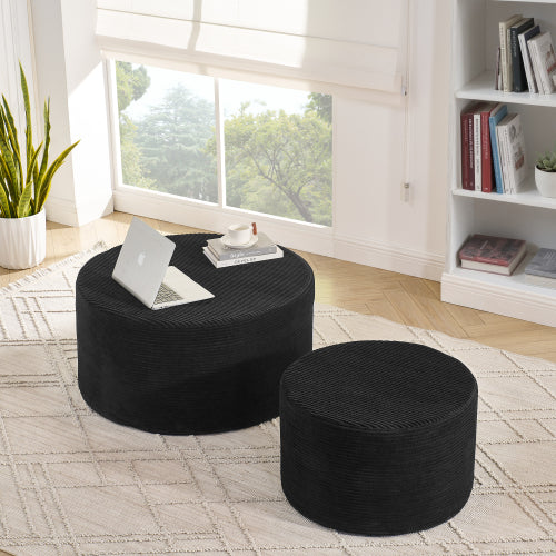 AEELLEEA Set of 2 Black Round Ottomans, Ribbed Upholstered Footstools for Living Room
