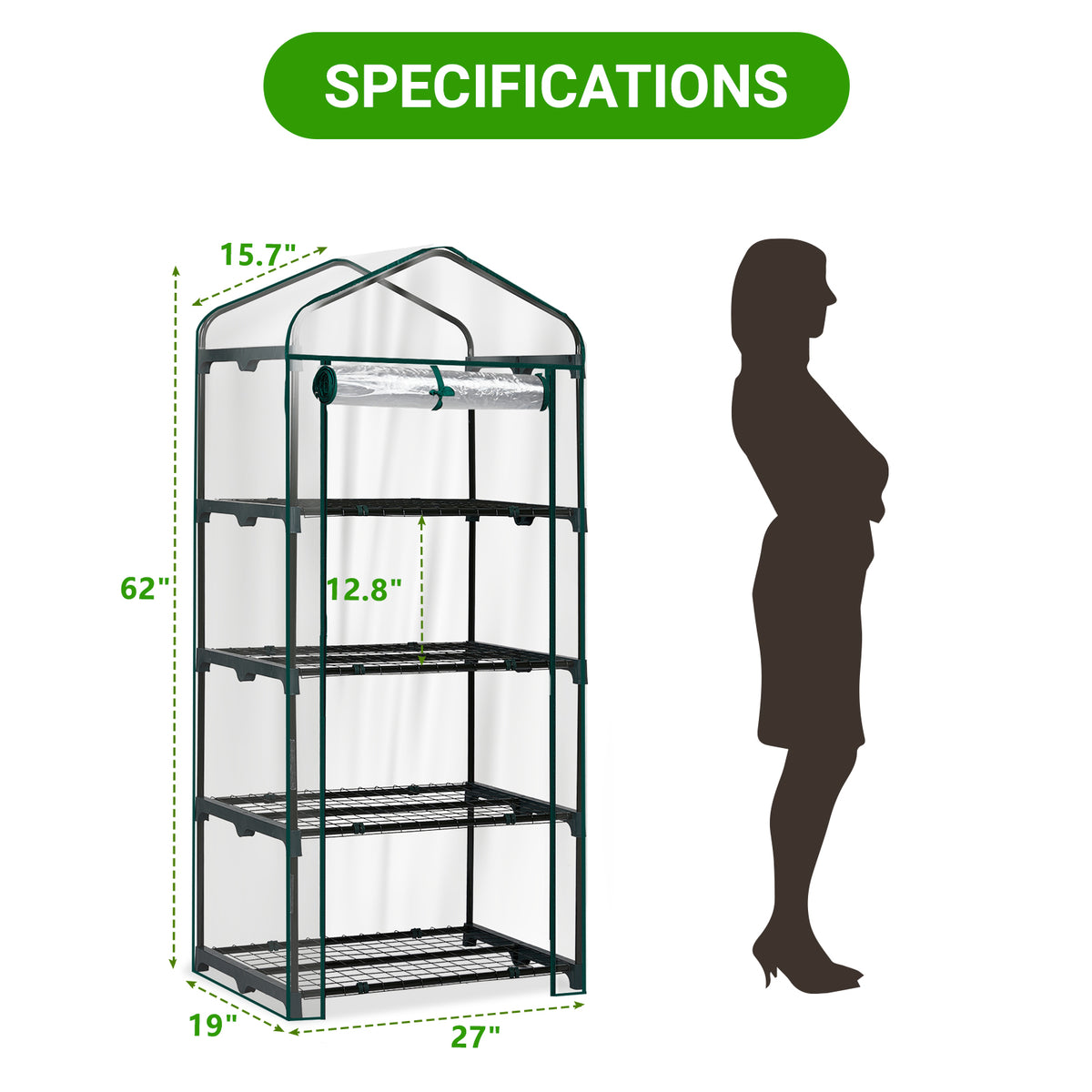 AEELLEEA-4-4-Tier Mini Greenhouse with PVC Cover & Roll-Up Zipper Door, Portable Waterproof Greenhouse for Garden Backyard. 27"x19"x62", transparent cover guards plants, easy to assemble & move, ideal for seedlings