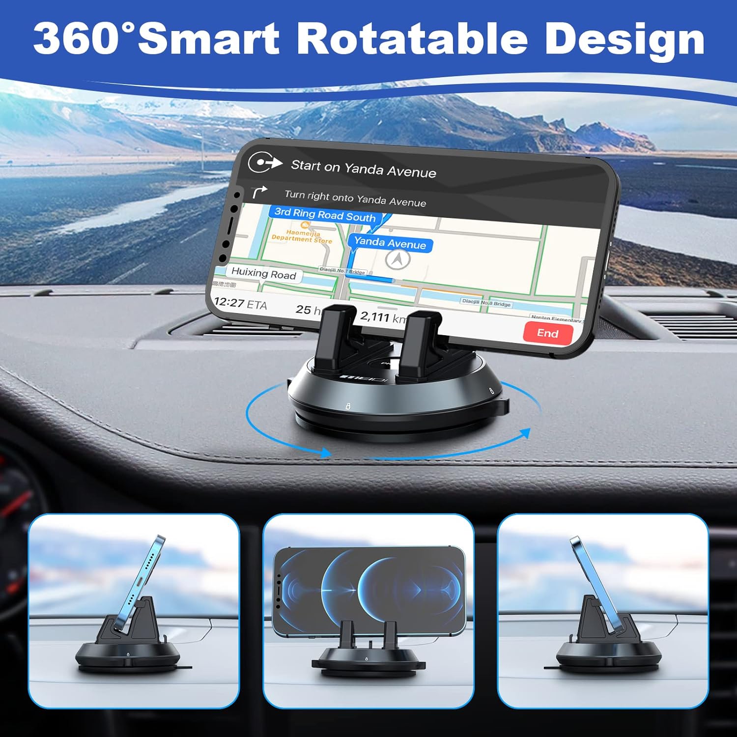 360° Rotating Car Phone Holder For Dashboard, Washable & Reusable Silicone Mount, Anti-Slip Cell Phone Stand For Car & Desk, Universal Compatible With IPhone Samsung Android Phones