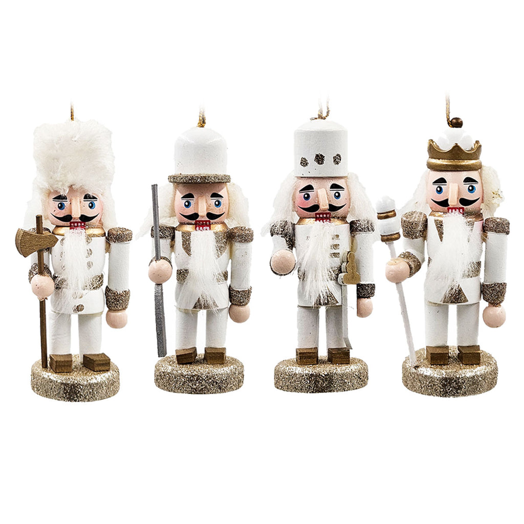 AEELLEEA 5 Inch White Gold Wooden Nutcracker Ornaments, Christmas Tree Hanging Soldier Decor, Set of 4