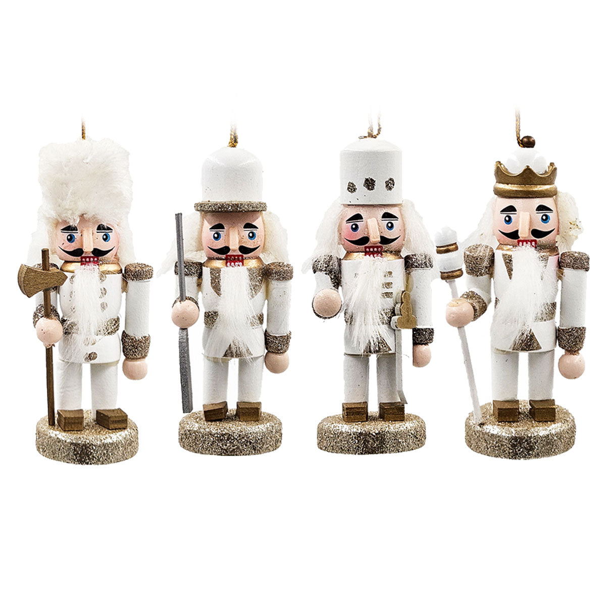 AEELLEEA 5 Inch White Gold Wooden Nutcracker Ornaments, Christmas Tree Hanging Soldier Decor, Set of 4