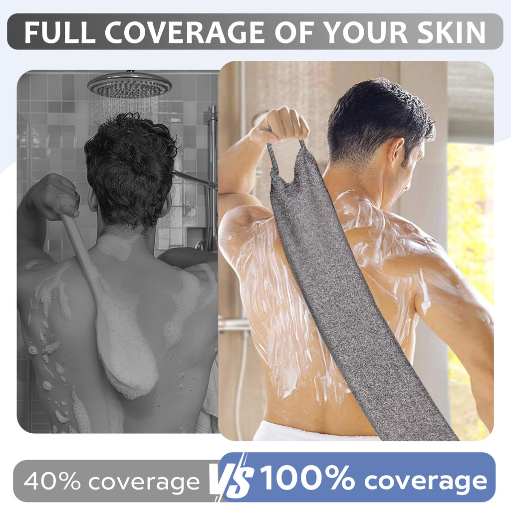 Dual Sided Back Scrubber Towel with Hanging Loops, Long Exfoliating Body Wash Strap for Shower Deep Skin Cleansing