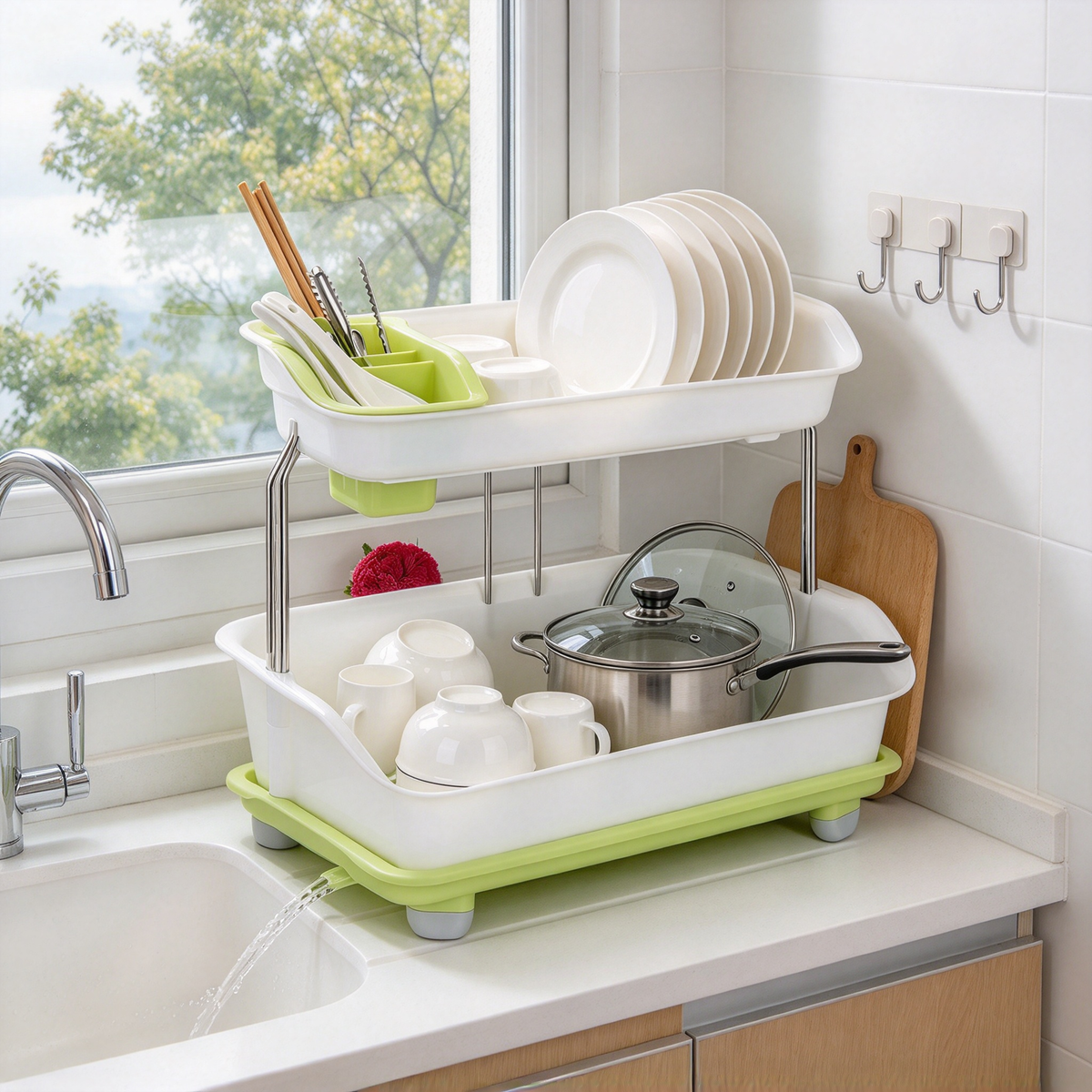 AEELLEEA 2-Tier Dish Drying Rack, Countertop PP Dish Rack with Automatic Drainage, Stainless Steel Support & Cutlery Holder for Kitchen