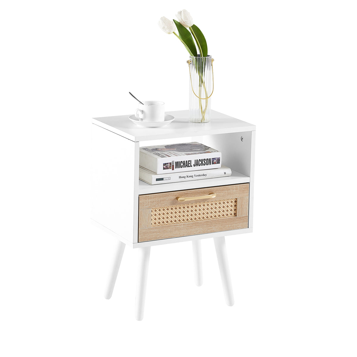 AEELLEEA- Rattan Side Table, Rectangle White End Table with Solid Wood Legs, MDF Frame, 120lbs Load Capacity