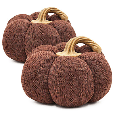 Set of 2 Dark Brown Knit Texture Pumpkin Ornaments, 8.3x8.3x5.3 Inch Tabletop Pumpkins for Fall Harvest, Thanksgiving & Autumn Farmhouse Home Decor