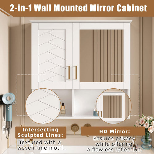 AEELLEEA 30" Bathroom Medicine Cabinet with Mirror, Wall Mounted Storage Cabinet with 2 Doors, Adjustable Shelves and Open Storage, White
