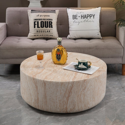 AEELLEEA Round Coffee Table, Beige Stone-Look Modern Low Table, 31.89-Inch Wide