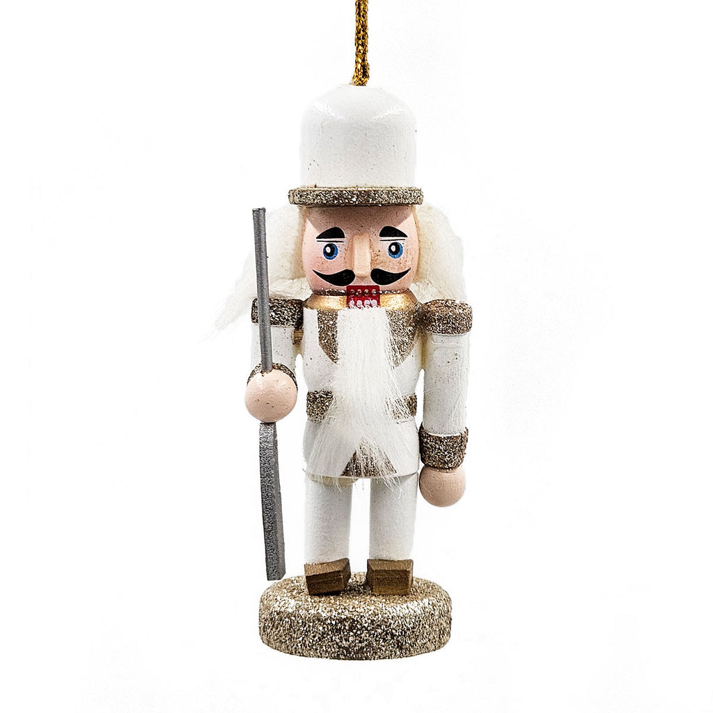 AEELLEEA 5 Inch White Gold Wooden Nutcracker Ornaments, Christmas Tree Hanging Soldier Decor, Set of 4