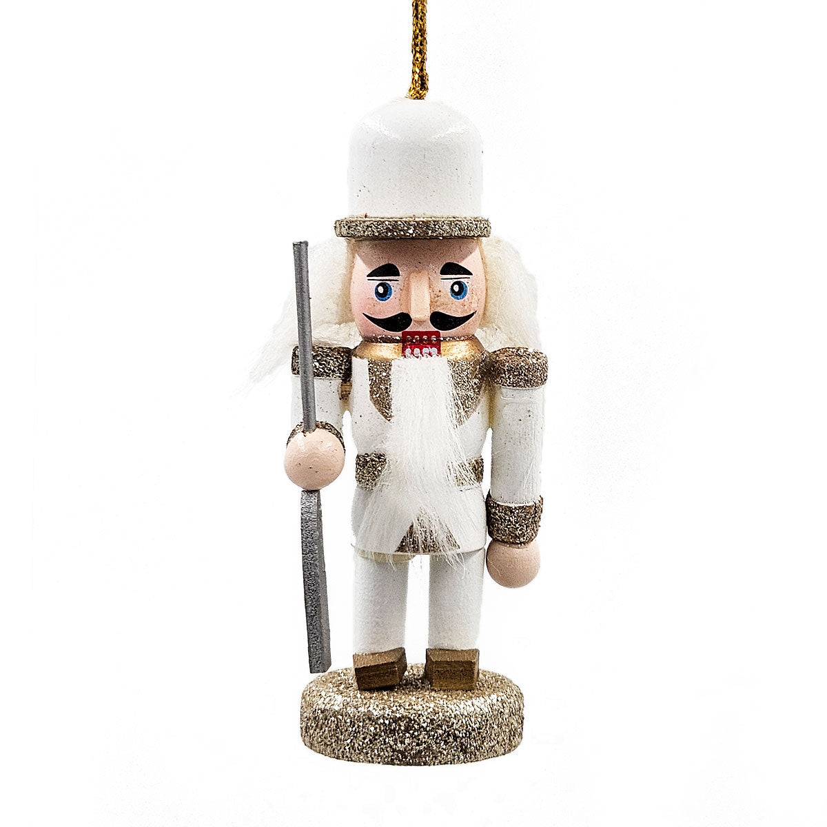 AEELLEEA 5 Inch White Gold Wooden Nutcracker Ornaments, Christmas Tree Hanging Soldier Decor, Set of 4