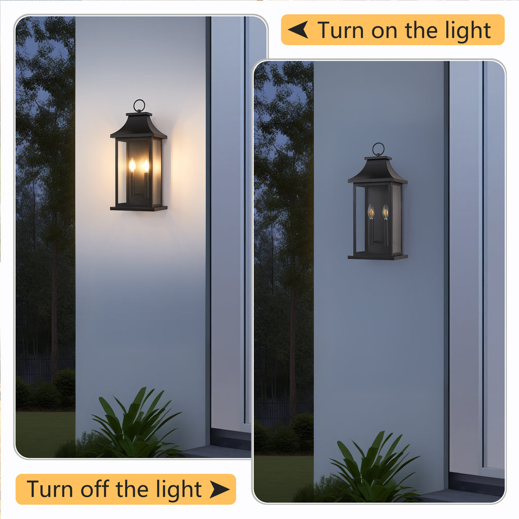 1 Pack Black Outdoor Wall Lantern, Vintage Metal Frame Clear Glass Wall Sconce, 2-Light Hardwired Exterior Wall Light Fixture