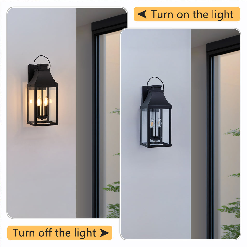 1 Pack Black Outdoor Wall Lantern, Vintage Metal Frame Clear Glass Wall Sconce, 2-Light Hardwired Exterior Wall Light