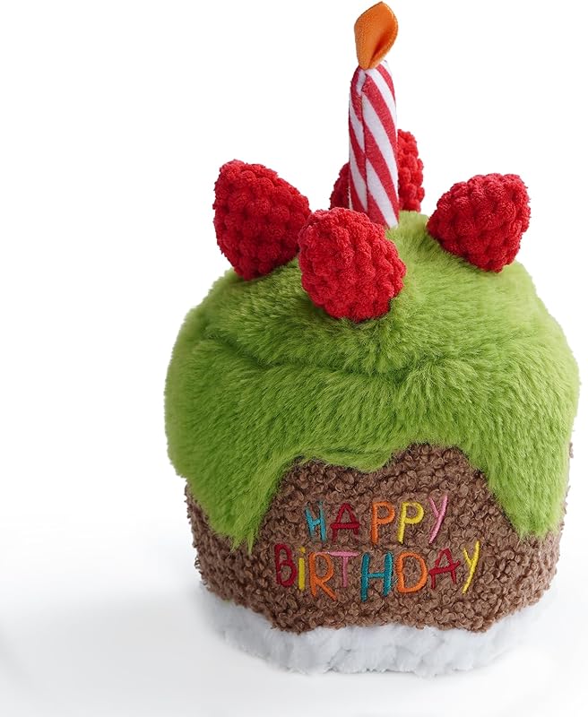 Dog Happy Birthday Cake Toy with Squeaker and Crinkle, Stuffed Plush Puppy Present for Birthday Party, Dog Toy for Small Medium