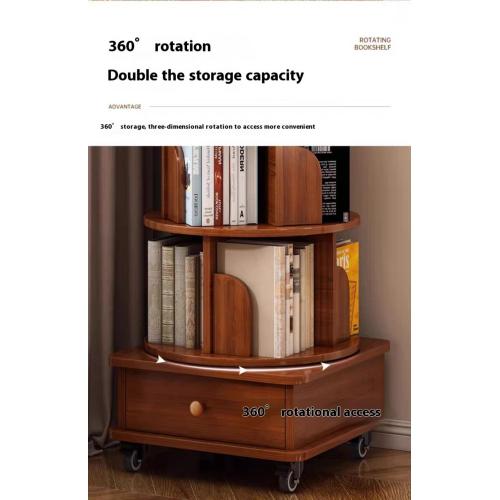 AEELLEEA 6-Tier 360° Rotating Bookshelf with Wheels & Storage Drawer, Wood Corner Bookcase Organizer for Bedroom Living Room Study, Walnut Brown