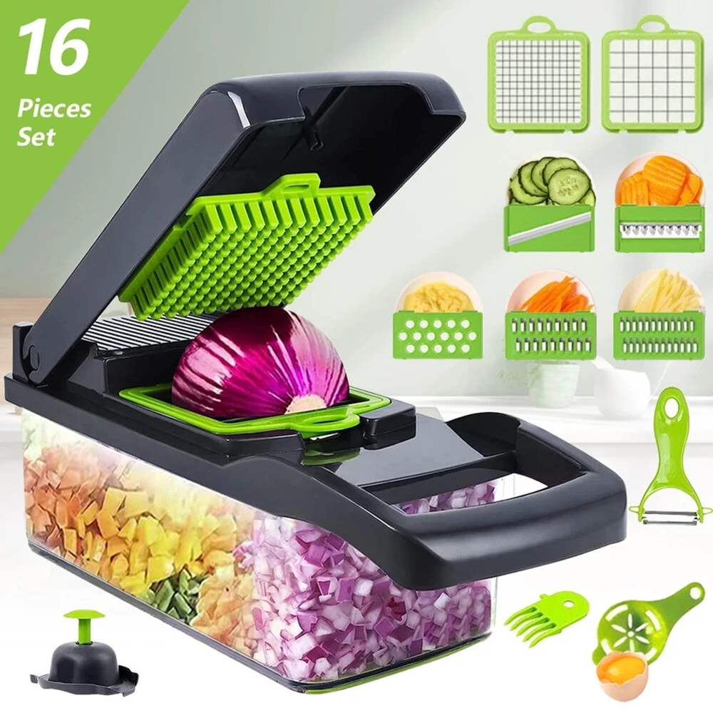 AEELLEEA- 16 in 1 Multifunctional Vegetable Chopper Slicer, Kitchen Food Dicer with 1.5L Container, Drain Basket