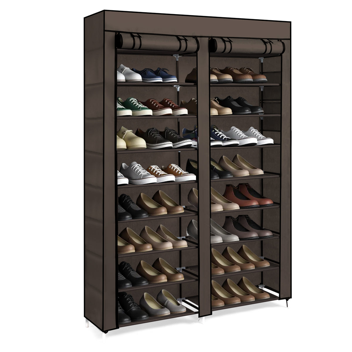 AEELLEEA- 10-Tier Double Row Shoe Rack, Gray Fabric Shoe Storage Organizer with Iron Frame, Freestanding Entryway Shoe Cabinet