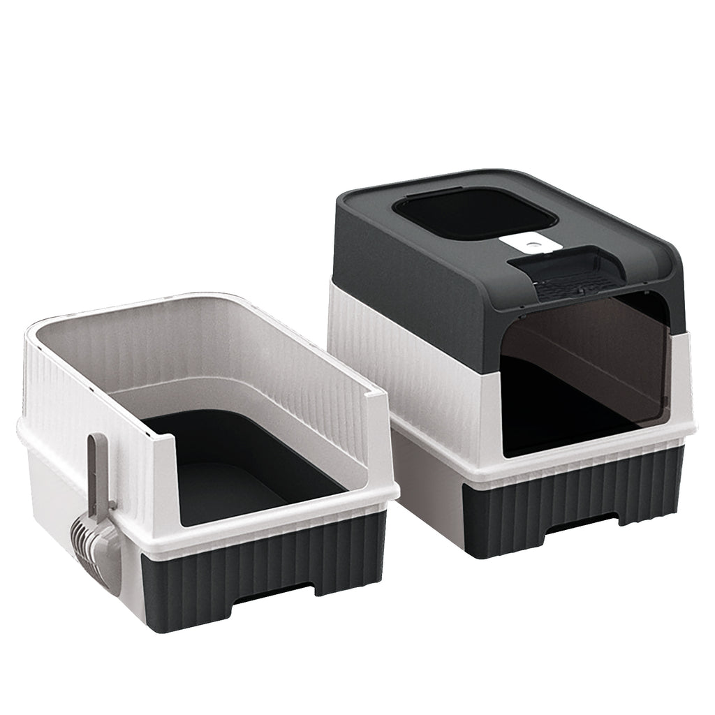 Convertible Enclosed Cat Litter Box with Pull-Out Tray, Top & Front Entry and Scoop, Black & White, 19.69"
