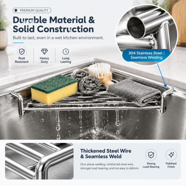 304 Stainless Steel Over The Sink Kitchen Storage Rack, Rustproof Sink Caddy for Sponge, Brush and Dish Cloth