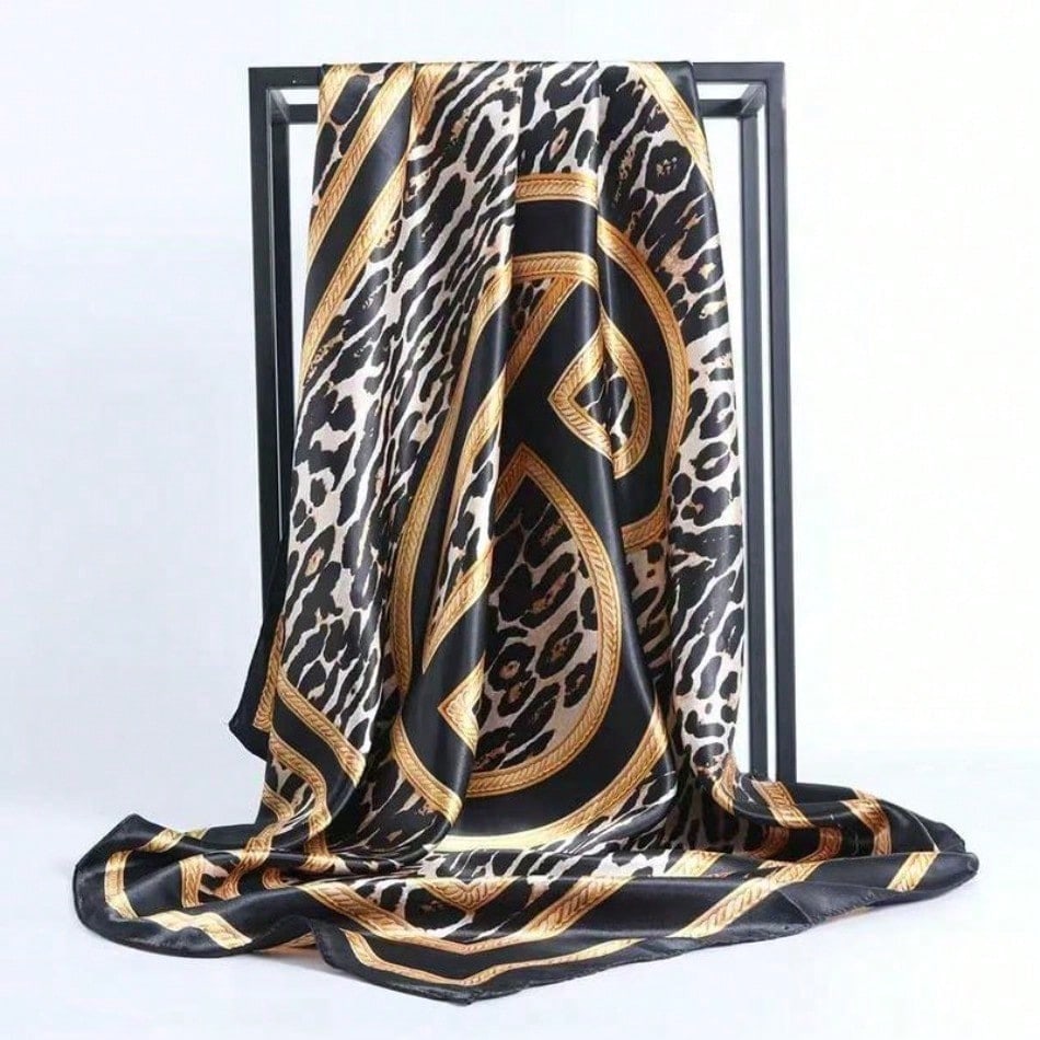 Black Gold Leopard Print Satin Square Scarf,Luxury Animal Pattern Neck Scarf Wrap for Women Hair Wrapping, Party Daily Accessory