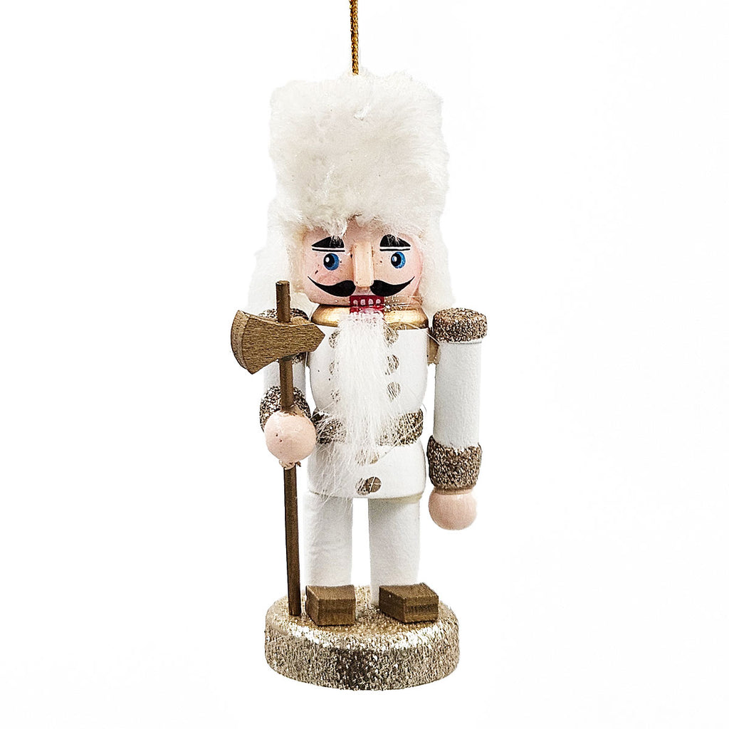 AEELLEEA 5 Inch White Gold Wooden Nutcracker Ornaments, Christmas Tree Hanging Soldier Decor, Set of 4