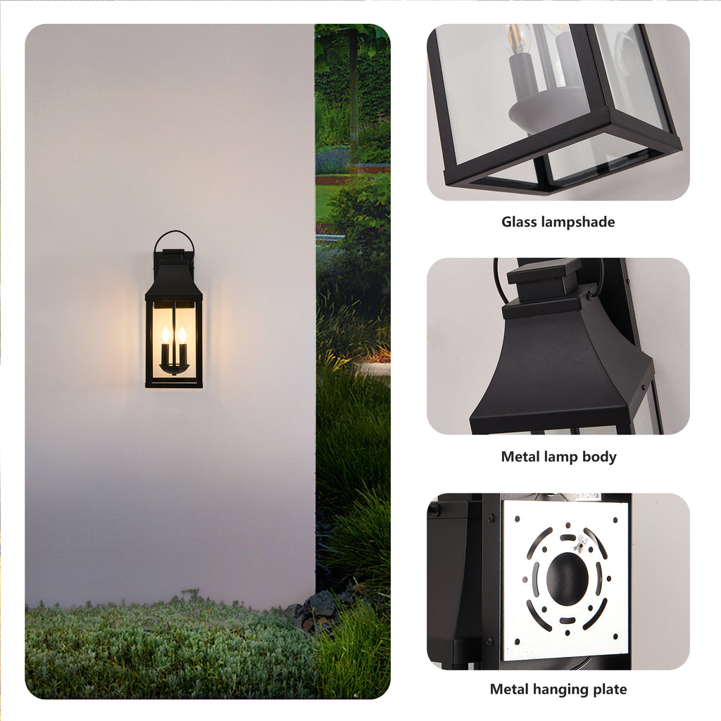 1 Pack Black Outdoor Wall Lantern, Vintage Metal Frame Clear Glass Wall Sconce, 2-Light Hardwired Exterior Wall Light