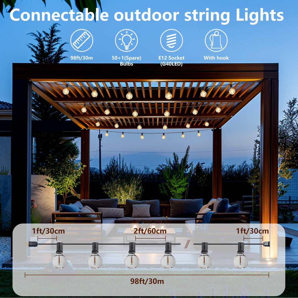98ft LED Outdoor String Lights, G40 Globe Bulbs 50+1 Spare Bulbs, E12 Socket Waterproof Patio String Lights with Hooks for Backyard Garden Pergola Decor