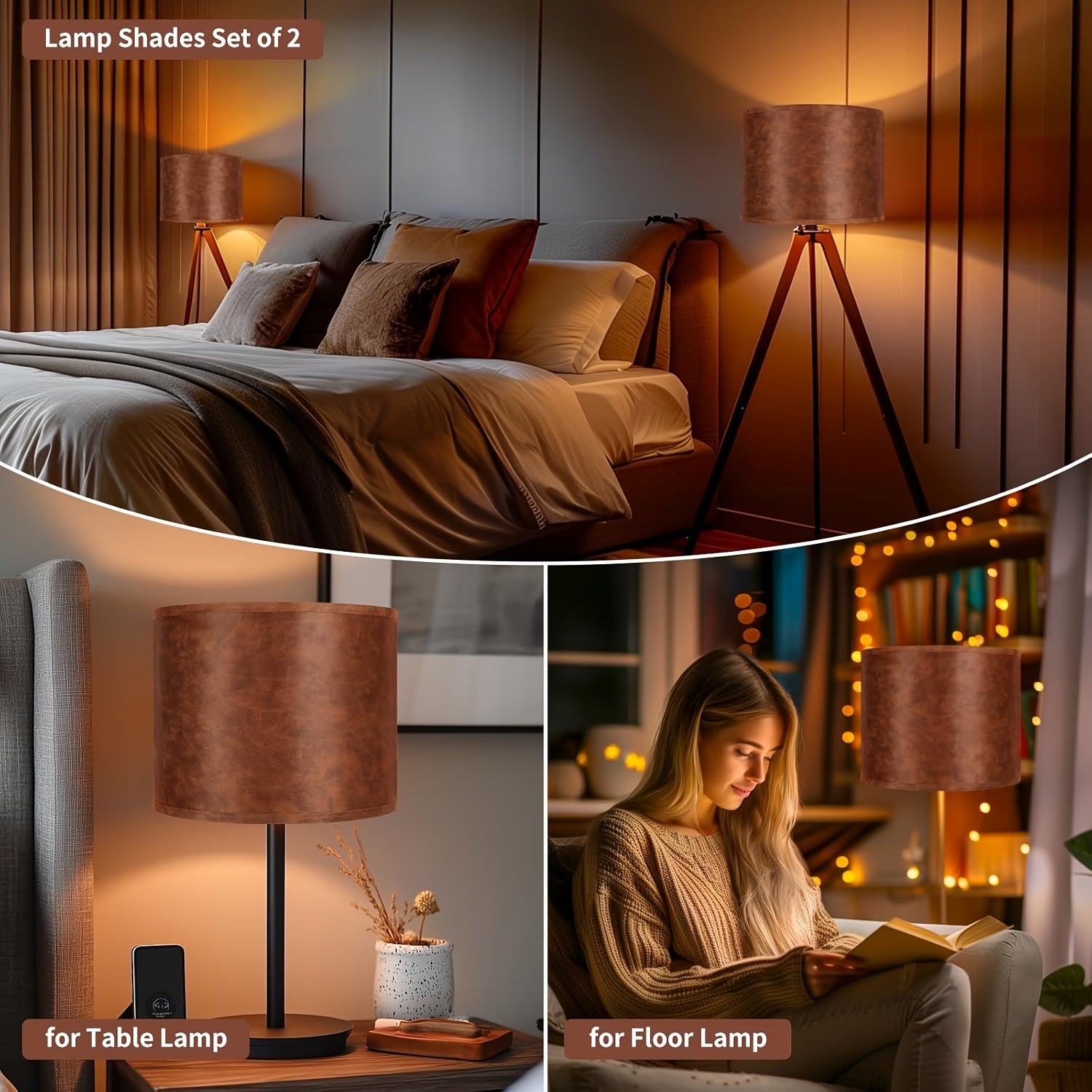 Set of 2 Distressed Brown Faux Leather Drum Lamp Shades, 13" x 13" x 10", Spider Fitter, Includes Harps & Finials