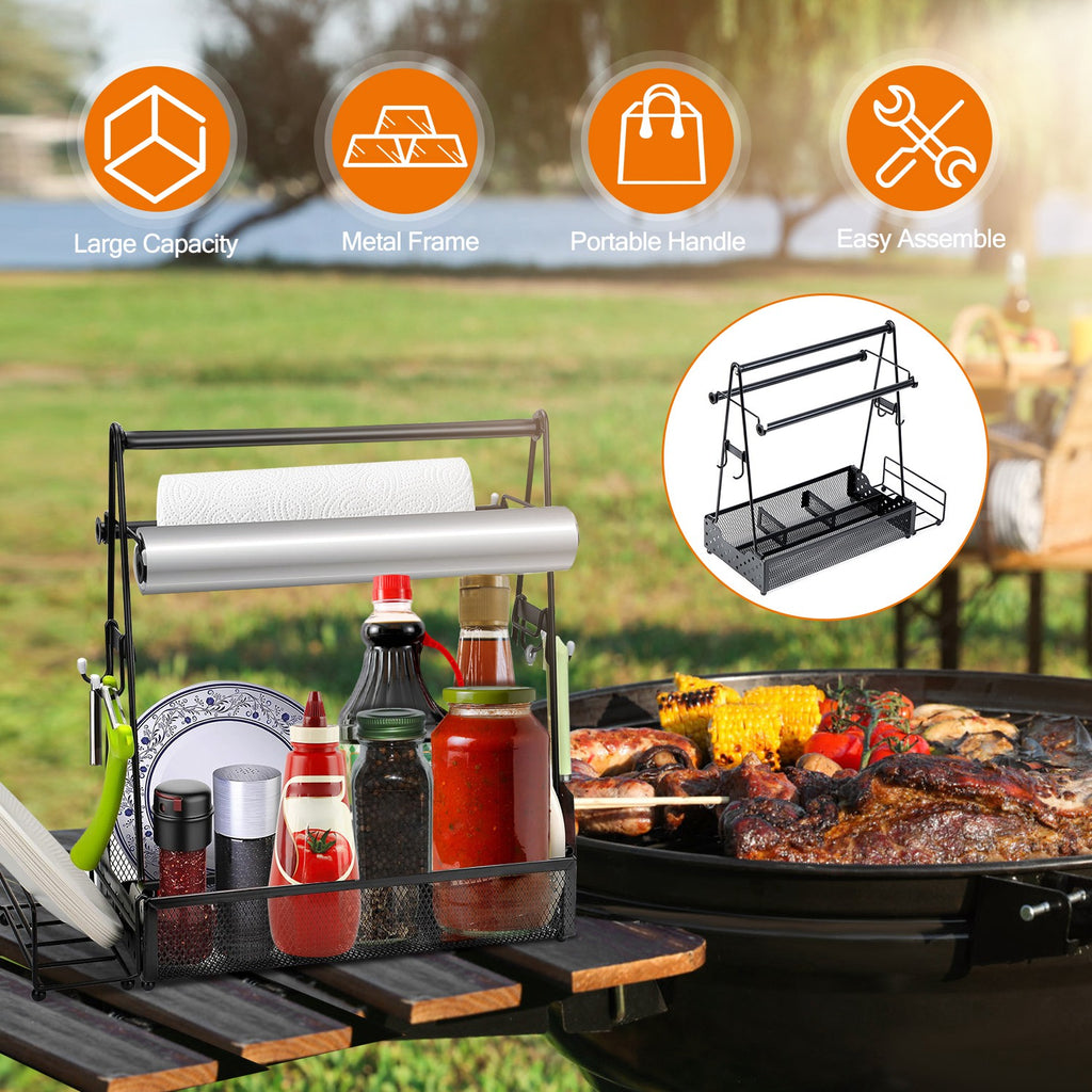 AEELLEEA Portable Metal BBQ Grill Caddy with Paper Towel Holder, Hooks & Storage Basket for Camping Picnic