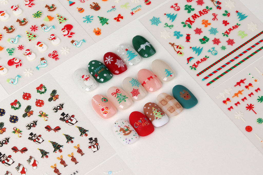 Christmas 3D Nail Art Stickers, Self-Adhesive Holiday Nail Decals with Santa, Snowman, Tree & Reindeer Patterns for Nail DIY Decorations
