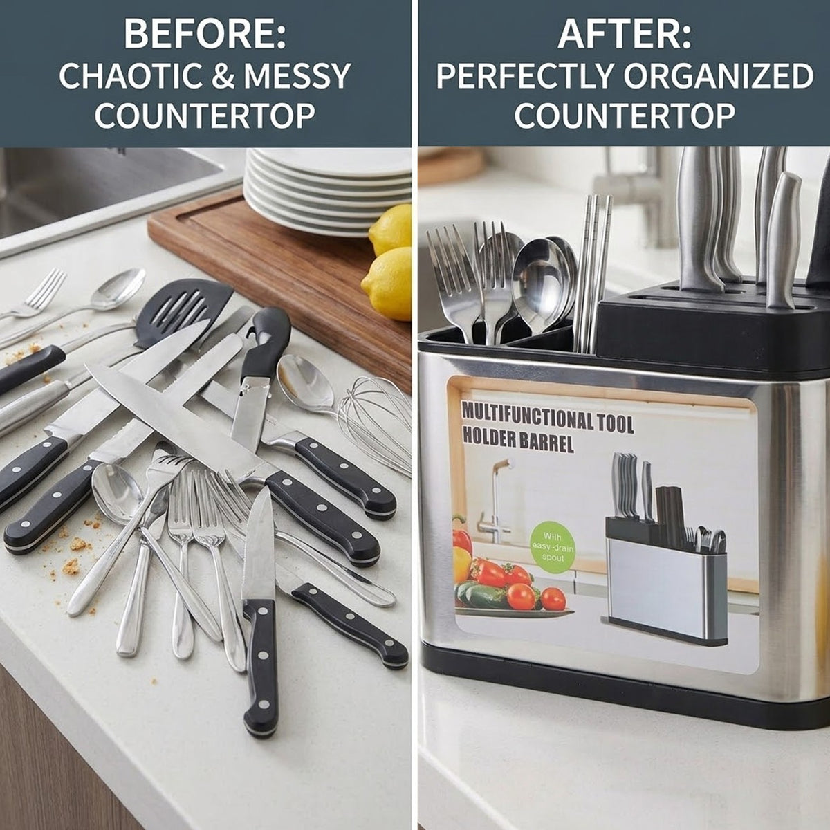 Multifunctional Kitchen Utensil Holder, Stainless Steel Countertop Knife & Cutlery Storage Organizer with Drain Holes for Kitchen Counter