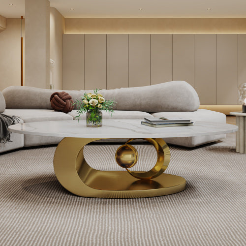 Modern Oval Coffee Table, Faux Marble White Top with Gold Metal Sculptural Base, Luxury Living Room Tea Table