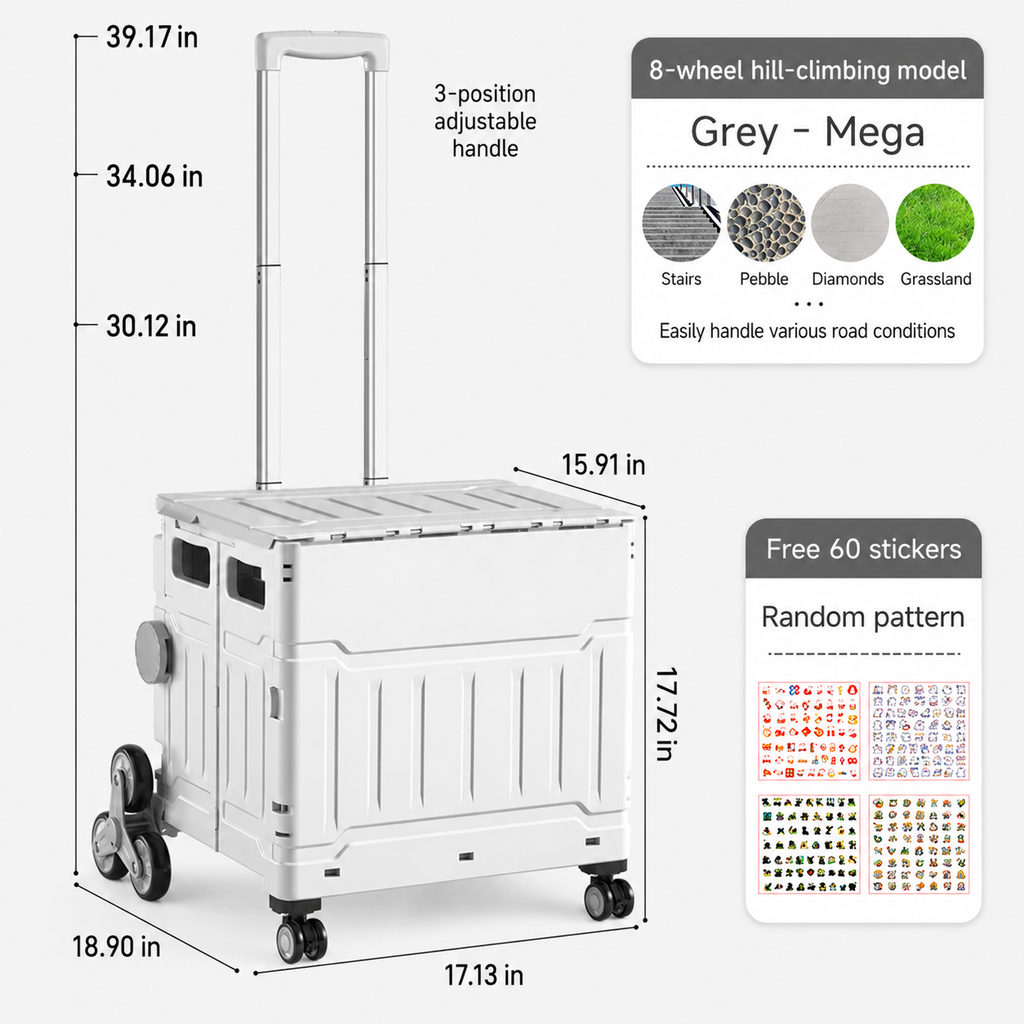 AEELLEEA Foldable Utility Cart with Lid, Portable Rolling Crate with Telescopic Handle & Stair Climbing Wheels, Collapsible Shopping Cart for Grocery, Picnic & Camping