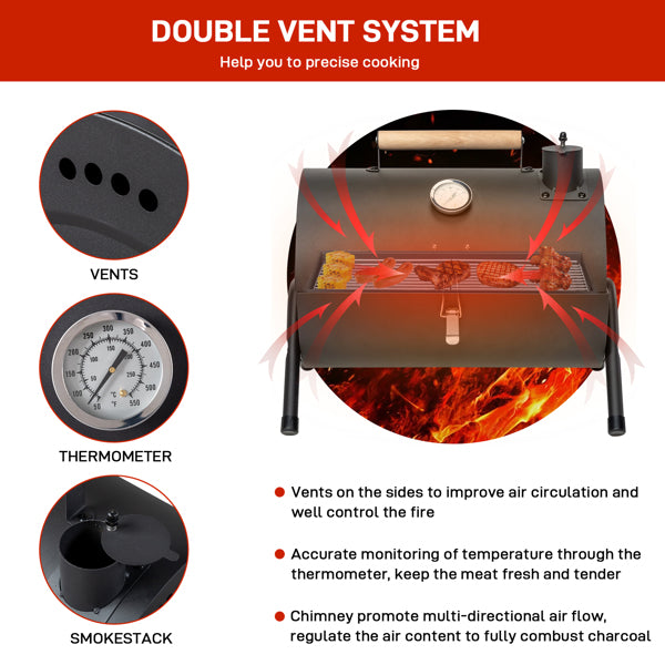 Portable Charcoal Grill, Tabletop Barrel BBQ Grill with Thermometer and Wood Handle, Small Outdoor BBQ for Camping Patio