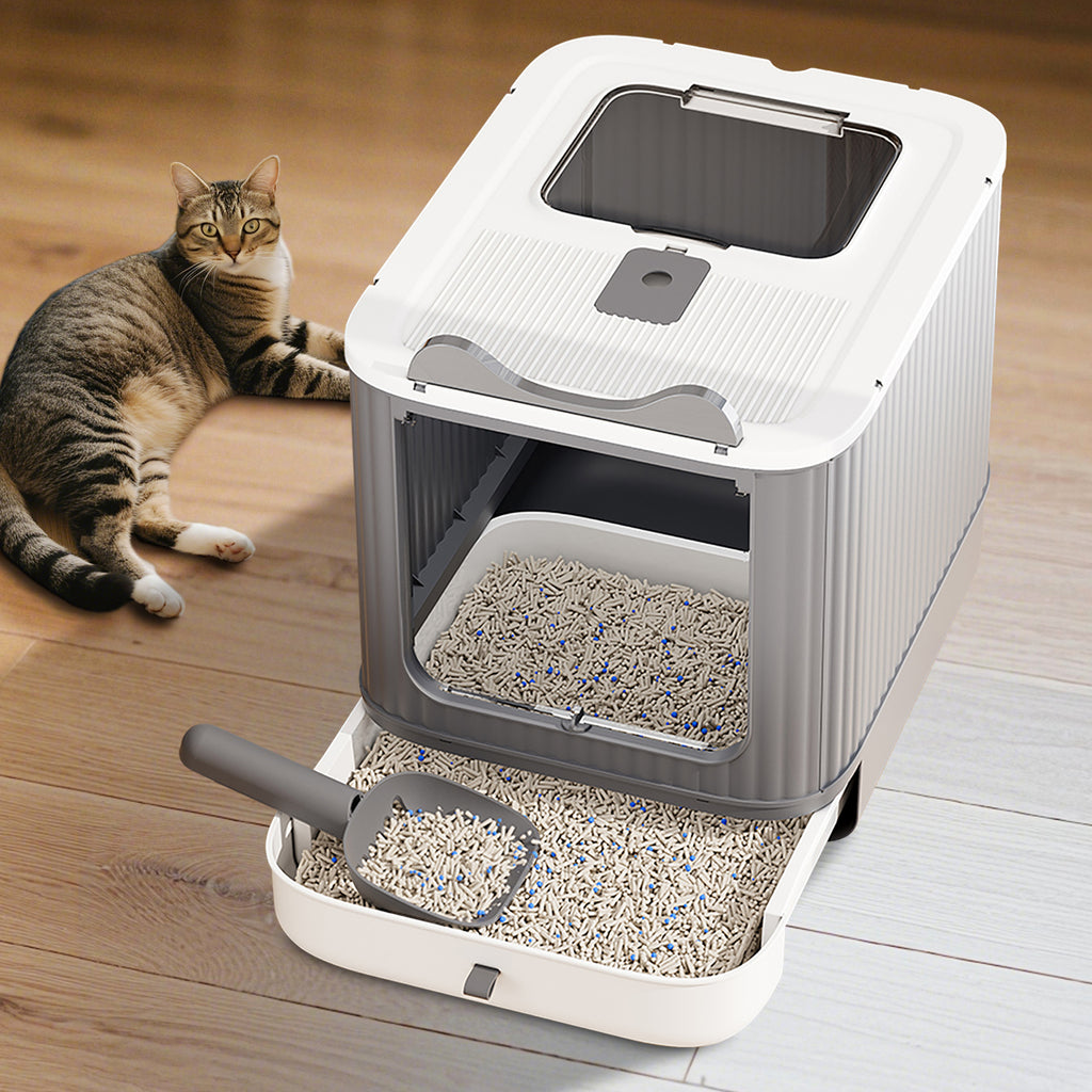 Foldable Enclosed Cat Litter Box with Drawer Tray, Top Exit & Front Entry, Litter Scoop, Gray and white, 19.69" x 13.78" x 13.78"
