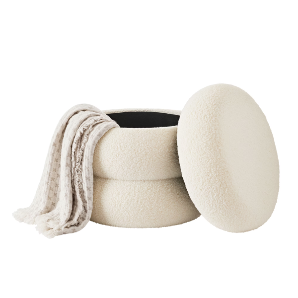 AEELLEEA 17" Round Boucle Storage Ottoman with Removable Lid, Upholstered Accent Stool for Living Room and Bedroom, Ivory