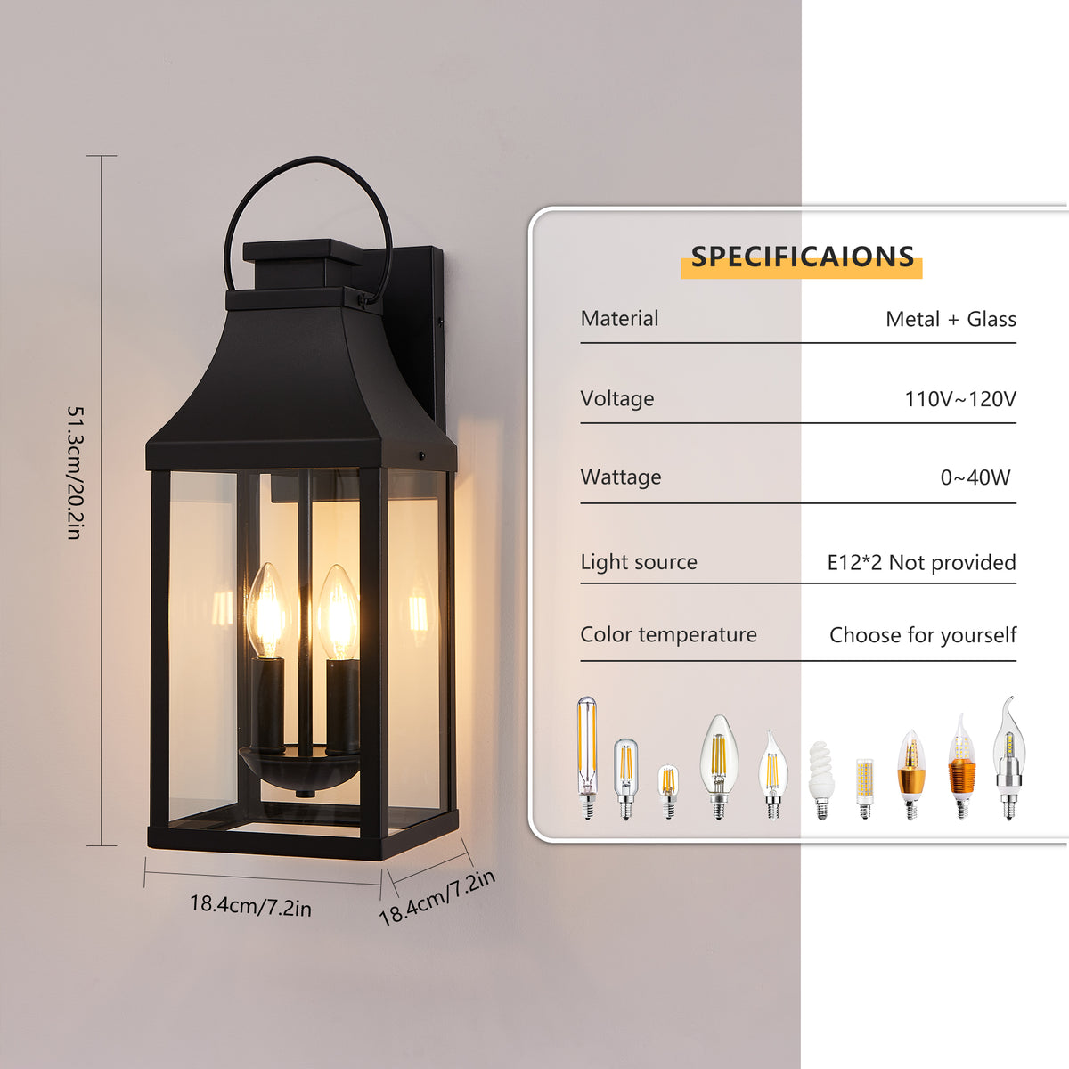 1 Pack Black Outdoor Wall Lantern, Vintage Metal Frame Clear Glass Wall Sconce, 2-Light Hardwired Exterior Wall Light