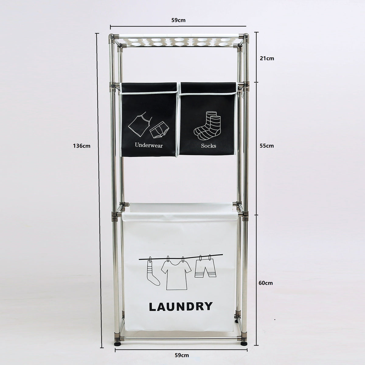 AEELLEEA 136cm Freestanding Laundry Sorter, 3 Bin Laundry Hamper Rack with Top Storage Shelf and Hooks